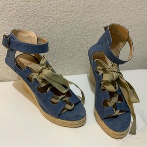 Castaner Leather lace up Denim look platform Wedge Espadrille Sandals 39